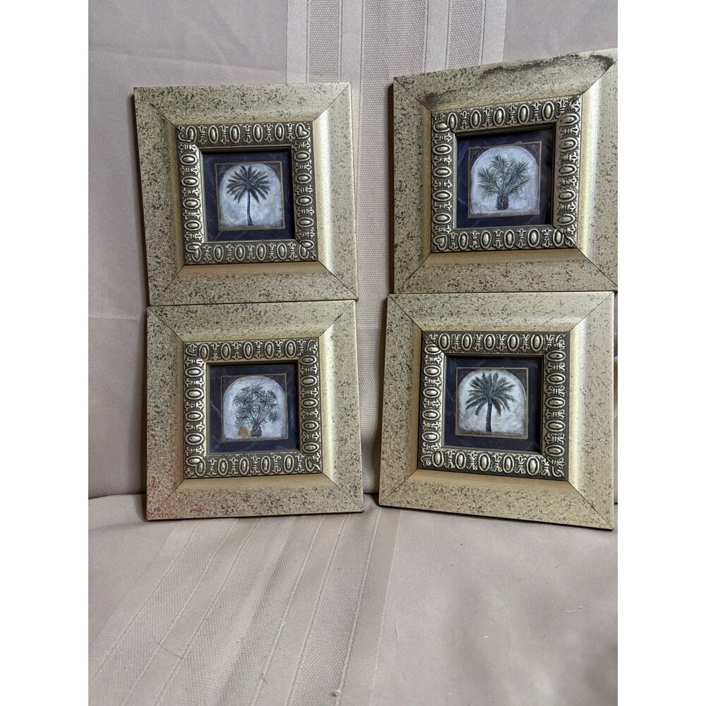 Vintage Kirkland's 4"x4" Mini Gold Framed Palm Art A. Renee Dollar 4 pc set
